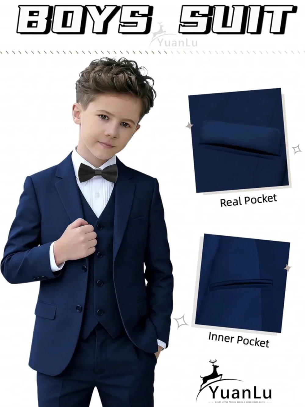 Worn1x Yuan Lu Boys Navy 3-Piece Tuxedo Suit - Size 3T & Shoes - Size 8 - Picture 4 of 10